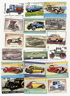 International postage stamps, vintage car motifs