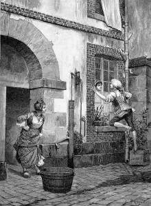 The Interrupted Flirt. Young man flirts with girl in window and is caught by mother