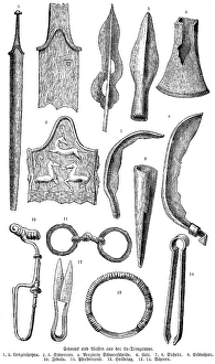 Iron Age jewellery and weapons from the La Tene site, Epagnier, Lake Neuchatel, spearhead, sword, sickle, auger, horse harness, neck ring, scissors, history of mankind, Switzerland, historical illustration 1880, Europe