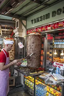 Istanbul, Turkey. November 30th 2019 Famous Turkish Kebab stalls at Taksim square at the beginning of Istiklal street
