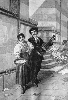 Italian street singers, historical wood engraving