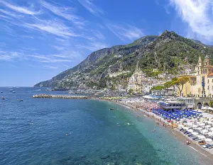 Italy, Amalfi town colorful architecture and Campania Amalfi coast landscapes
