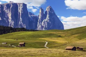 Jagged rocks around the Dolomites mountain valley
