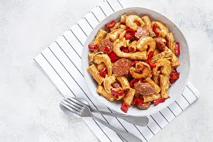Jambalaya pasta with shrimp and sausages