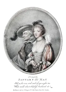 January and May, symbolic English colour engraving about unequal couples