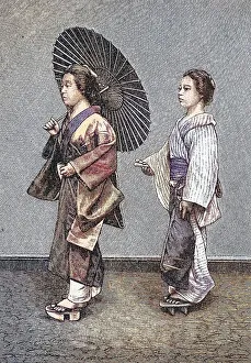 Japanese female life, woman with servant on the street