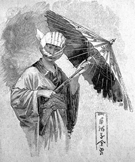 Japanese girl in street clothes with muslin headscarf and parasol in 1880