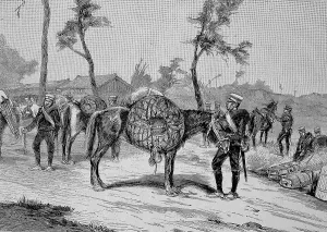 Japanese Manoeuvres. Packing the horses with large cauldrons for cooking rice in a catering convoy