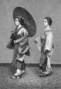 Japanese woman's lives, woman with a servant in the street