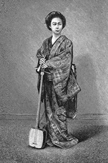 Japanese women's lives, geisha holding a shamisen