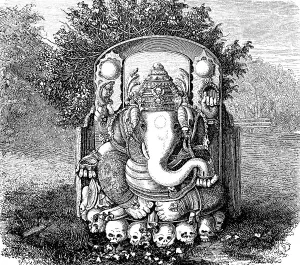 Javanese idol after Raffles, depiction of a deity with elephant face and trunk, human hand, religion, skulls, outdoors, ornamentation, trees, Java, Indonesia, historical illustration 1880, Asia