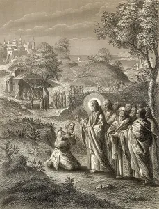Jesus Christ cures 10 lepers, Steel engraving 1853