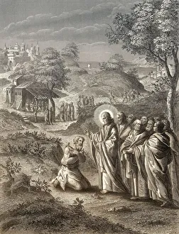 Jesus Christ cures 10 lepers, Steel engraving 1853