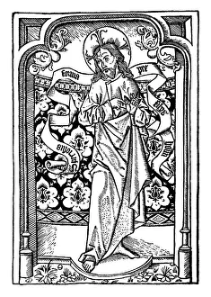 Jesus Christ in a gothic arch, wood engraving