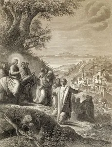 Jesus riding a donkey to Jerusalem