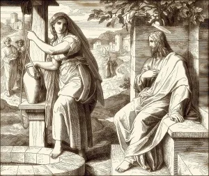 Jesus talks with a Samaritan woman