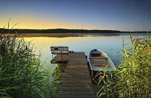 Jetty with rowing boat in the reeds