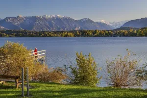 Jetty at Staffelsee with Ester Mountains in the evening sun