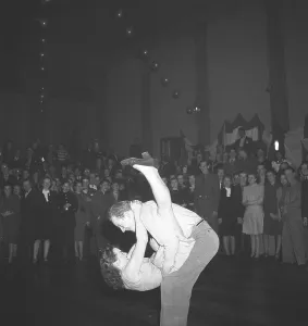 Jitterbug dance. A dance popularized in the United states and spread by American soldiers and sailors around the world during the Second world war. Pictured here a young couple when dancing the Jitterbug dance 1948 during a competition dance event