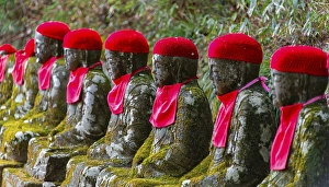 Category Buddhism Prints: Jizo statues with red caps, protective deities for deceased children