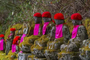 Jizo statues with red caps, protective deities for deceased children