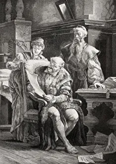 Johannes Gutenberg showing his first print