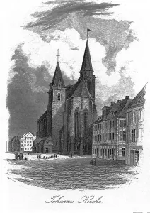 Johanneskirche, Ansbach, drawing and steel engraving by J
