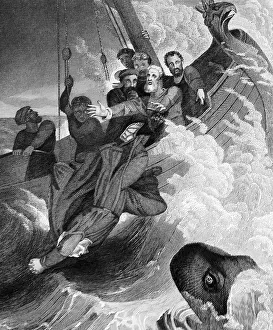 Jonah or Jonah is thrown from the boat into the water and is swallowed and saved by the whale