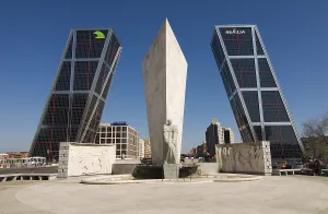 Jose Calvo Sotelo Memorial in front of the tilted towers of Puerta de Europa at Plaza de Castilla