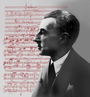 Framed Print : Joseph Maurice Ravel, 1875 - 1937, French composer, pianist and conductor, leading musician in Impressionism, 1925, sheet music from Sonatine, premier mouvement, 1905, digitally edited