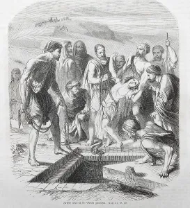 Joseph is thrown into the pit, Historical illustration in an old splendid Bible