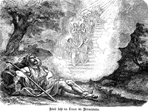 On the journey to Mesopotamia, Jacob rests and sees the ladder to heaven in a dream