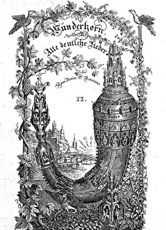 The jubilant Wunderhorn, cover picture of a German song collection from 1808