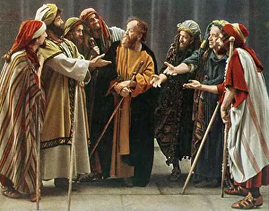 Judas and the merchants, colour post card from a Uvatypie template