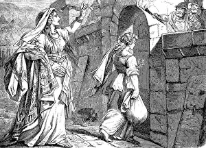 Judith arrives at the gate of Jerusalem with her maid