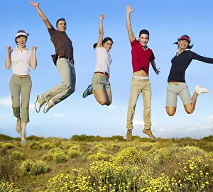 Category Historic EN Prints: Jumping young people happy group in yellow flowers field