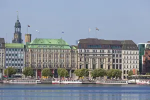 Jungfernstieg with Michel, Inner Alster Lake and jetty
