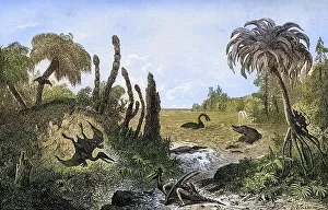 Jurassic landscape. Print from the 1870s