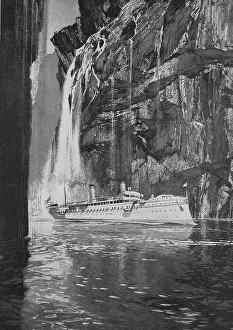 The Kaiserjacht Hohenzollern in the Geirangerfjord at the Seven Sisters Waterfalls