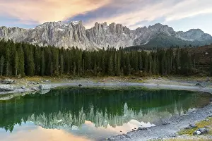 Category Mountain Landscapes Prints: Karersee, Lago di Carezza, in front of Latemar Mountains