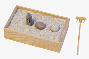 Framed Print : Karesansui, mini zen rocks gar den wih sand and rake