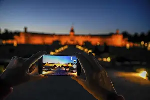 July 2020 Prints: Karlsruhe castle at dusk in the display of a mobile phone