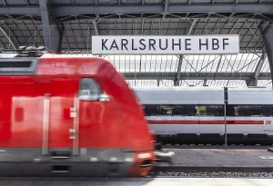 Karlsruhe main station with station sign and ICE