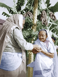 Kasturba Gandhi receiving present at Sevagram Ashram, Wardha, Maharashtra, India, Asia, 1942, Asia