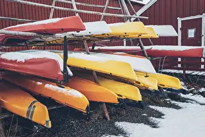 Kayaks stocked in winter in Reine fishing village