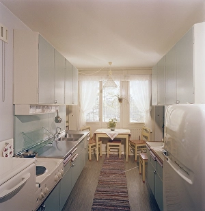 Kitchen of the 1950s. Kitchen interior in a typical design with visible objects from the time