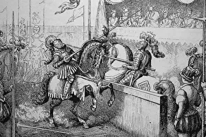 Knights tournament, historic woodcut, 1870