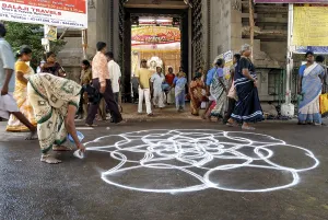 Kolam in front of Kapaleeswarar temple during festival in Mylapore