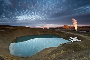Category Mountain Landscapes Prints: Krafla volcano on lake Viti, steam from a geothermal power plant