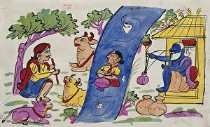 Krishna playing his flute for the cows and Radha immersed in the river while an old man smoking a hookah looks